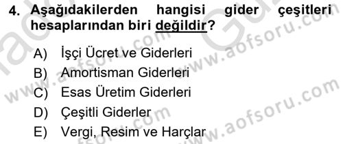 Sağlık Kurumlarında Maliyet Muhasebesi Dersi 2025 - 2026 Yılı (Vize) Ara Sınav Soruları 4. Soru