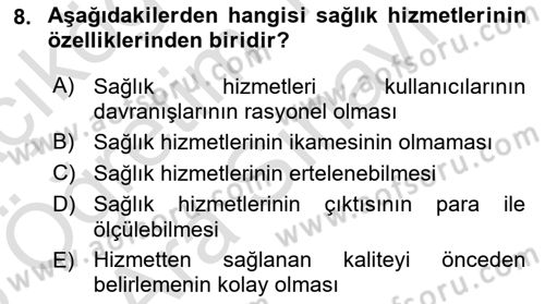 Sağlık Kurumlarında Maliyet Muhasebesi Dersi 2025 - 2026 Yılı (Vize) Ara Sınav Soruları 8. Soru