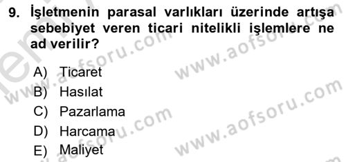 Sağlık Kurumlarında Maliyet Muhasebesi Dersi 2025 - 2026 Yılı (Vize) Ara Sınav Soruları 9. Soru