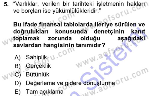 Muhasebe Denetimi Dersi 2015 - 2016 Yılı (Final) Dönem Sonu Sınav Soruları 5. Soru
