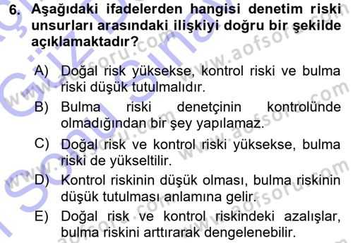 Muhasebe Denetimi Dersi 2015 - 2016 Yılı (Final) Dönem Sonu Sınav Soruları 6. Soru