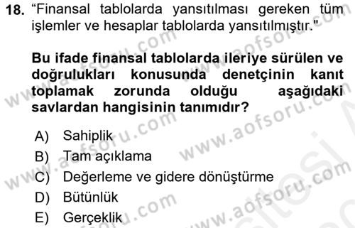 Muhasebe Denetimi Dersi 2015 - 2016 Yılı Tek Ders Sınav Soruları 18. Soru