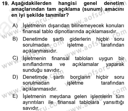 Muhasebe Denetimi Dersi 2015 - 2016 Yılı Tek Ders Sınav Soruları 19. Soru