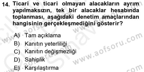 Muhasebe Denetimi Dersi 2016 - 2017 Yılı (Final) Dönem Sonu Sınav Soruları 14. Soru