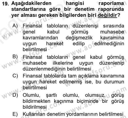 Muhasebe Denetimi Dersi 2016 - 2017 Yılı (Final) Dönem Sonu Sınav Soruları 19. Soru