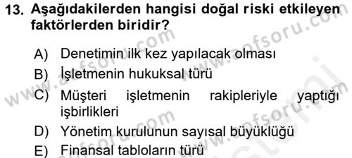 Muhasebe Denetimi Dersi 2017 - 2018 Yılı (Final) Dönem Sonu Sınav Soruları 13. Soru