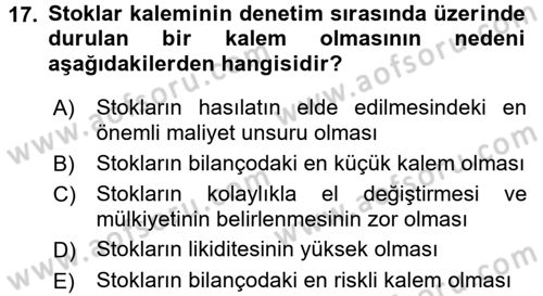 Muhasebe Denetimi Dersi 2017 - 2018 Yılı (Final) Dönem Sonu Sınav Soruları 17. Soru