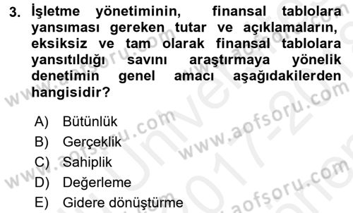 Muhasebe Denetimi Dersi 2017 - 2018 Yılı (Final) Dönem Sonu Sınav Soruları 3. Soru