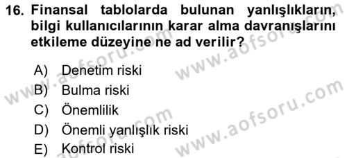 Muhasebe Denetimi Dersi 2018 - 2019 Yılı 3 Ders Sınav Soruları 16. Soru
