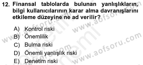 Muhasebe Denetimi Dersi 2018 - 2019 Yılı (Vize) Ara Sınav Soruları 12. Soru