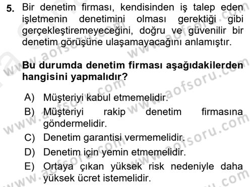 Muhasebe Denetimi Dersi 2018 - 2019 Yılı (Vize) Ara Sınav Soruları 5. Soru