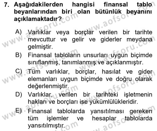 Muhasebe Denetimi Dersi 2018 - 2019 Yılı (Vize) Ara Sınav Soruları 7. Soru