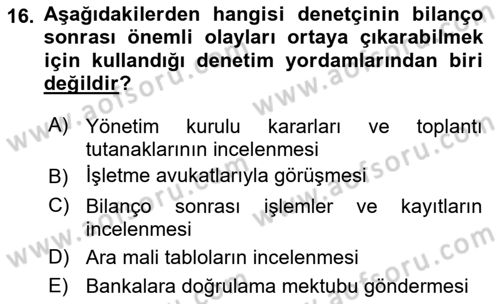 Muhasebe Denetimi Dersi 2018 - 2019 Yılı (Final) Dönem Sonu Sınav Soruları 16. Soru