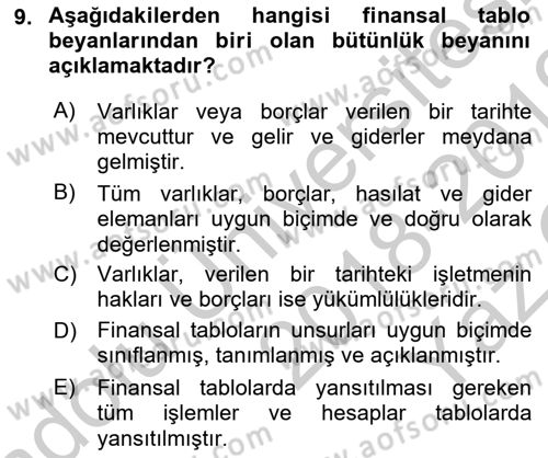 Muhasebe Denetimi Dersi 2018 - 2019 Yılı Yaz Okulu Sınav Soruları 9. Soru