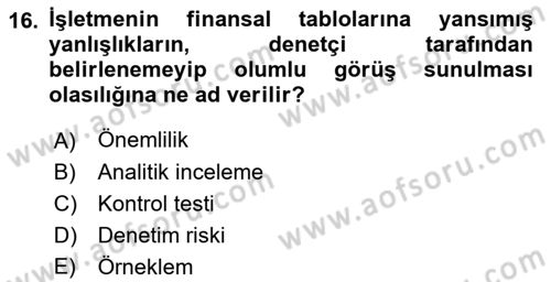 Muhasebe Denetimi Dersi 2019 - 2020 Yılı (Vize) Ara Sınav Soruları 16. Soru
