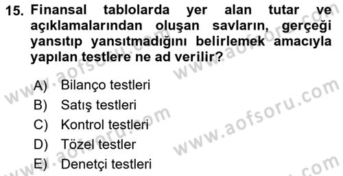 Muhasebe Denetimi Dersi 2019 - 2020 Yılı (Final) Dönem Sonu Sınav Soruları 15. Soru