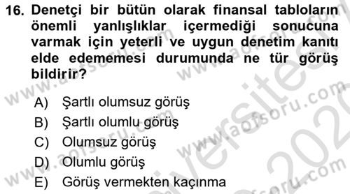 Muhasebe Denetimi Dersi 2019 - 2020 Yılı (Final) Dönem Sonu Sınav Soruları 16. Soru