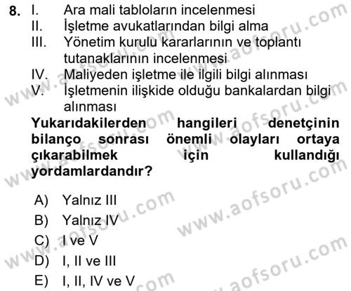 Muhasebe Denetimi Dersi 2019 - 2020 Yılı (Final) Dönem Sonu Sınav Soruları 8. Soru