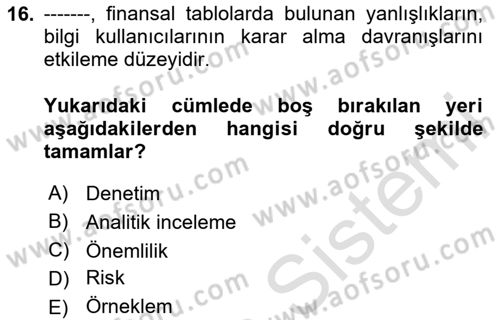 Muhasebe Denetimi Dersi 2019 - 2020 Yılı Yaz Okulu Sınav Soruları 16. Soru