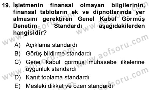 Muhasebe Denetimi Dersi 2019 - 2020 Yılı Yaz Okulu Sınav Soruları 19. Soru