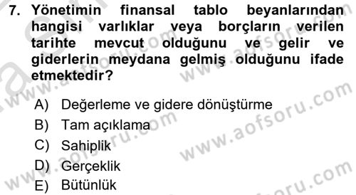 Muhasebe Denetimi Dersi 2021 - 2022 Yılı (Vize) Ara Sınav Soruları 7. Soru