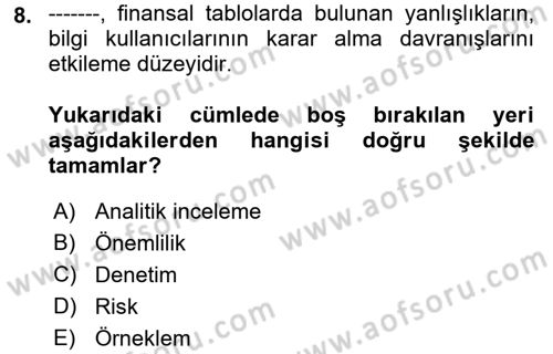 Muhasebe Denetimi Dersi 2021 - 2022 Yılı (Vize) Ara Sınav Soruları 8. Soru