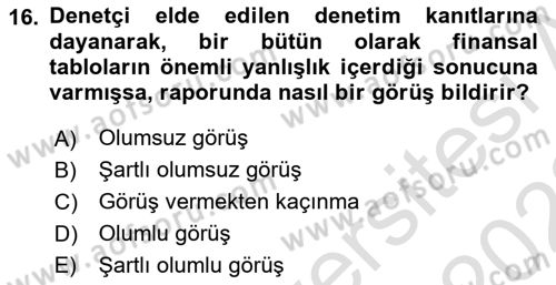 Muhasebe Denetimi Dersi 2021 - 2022 Yılı (Final) Dönem Sonu Sınav Soruları 16. Soru