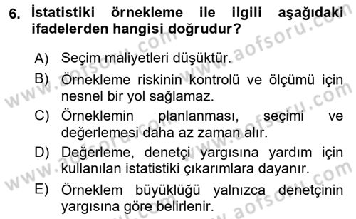 Muhasebe Denetimi Dersi 2021 - 2022 Yılı (Final) Dönem Sonu Sınav Soruları 6. Soru