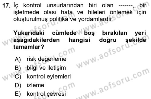 Muhasebe Denetimi Dersi 2021 - 2022 Yılı Yaz Okulu Sınav Soruları 17. Soru