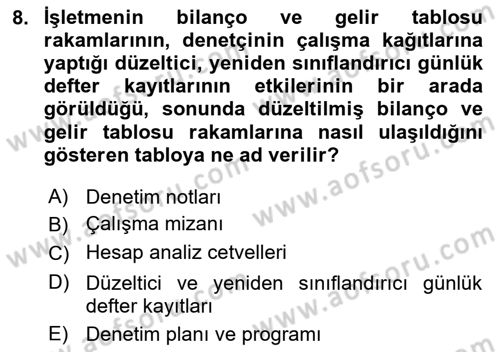 Muhasebe Denetimi Dersi 2021 - 2022 Yılı Yaz Okulu Sınav Soruları 8. Soru