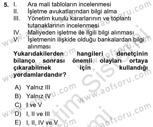 Muhasebe Denetimi Dersi 2022 - 2023 Yılı (Final) Dönem Sonu Sınav Soruları 5. Soru