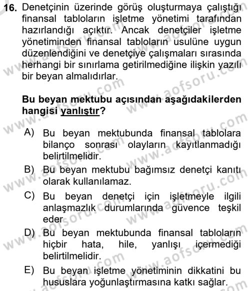Muhasebe Denetimi Dersi 2022 - 2023 Yılı Yaz Okulu Sınav Soruları 16. Soru