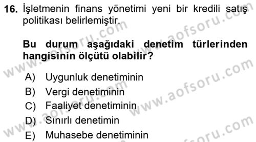 Muhasebe Denetimi Dersi 2023 - 2024 Yılı (Vize) Ara Sınav Soruları 16. Soru