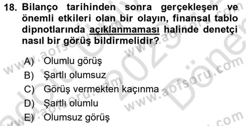 Muhasebe Denetimi Dersi 2023 - 2024 Yılı (Final) Dönem Sonu Sınavı 18. Soru