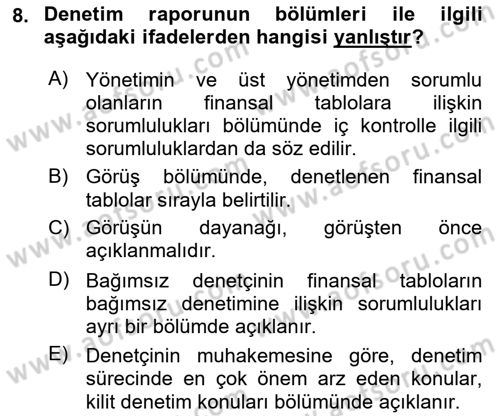 Muhasebe Denetimi Dersi 2023 - 2024 Yılı (Final) Dönem Sonu Sınav Soruları 8. Soru