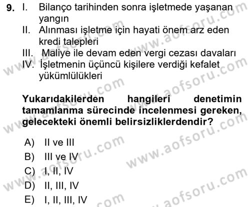 Muhasebe Denetimi Dersi 2023 - 2024 Yılı (Final) Dönem Sonu Sınav Soruları 9. Soru