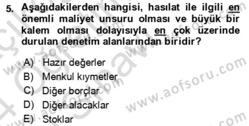 Muhasebe Denetimi Dersi 2023 - 2024 Yılı Yaz Okulu Sınav Soruları 5. Soru