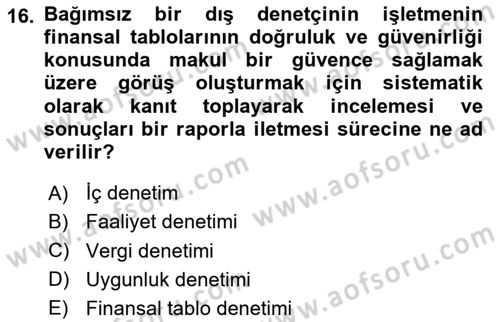 Muhasebe Denetimi Dersi 2024 - 2025 Yılı (Vize) Ara Sınavı 16. Soru