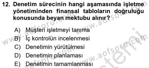 Muhasebe Denetimi Dersi 2024 - 2025 Yılı (Final) Dönem Sonu Sınav Soruları 12. Soru