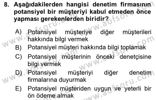 Muhasebe Denetimi Dersi 2024 - 2025 Yılı (Final) Dönem Sonu Sınav Soruları 8. Soru