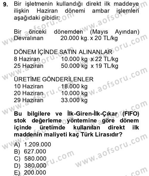 Maliyet Analizleri Dersi 2013 - 2014 Yılı (Vize) Ara Sınav Soruları 9. Soru