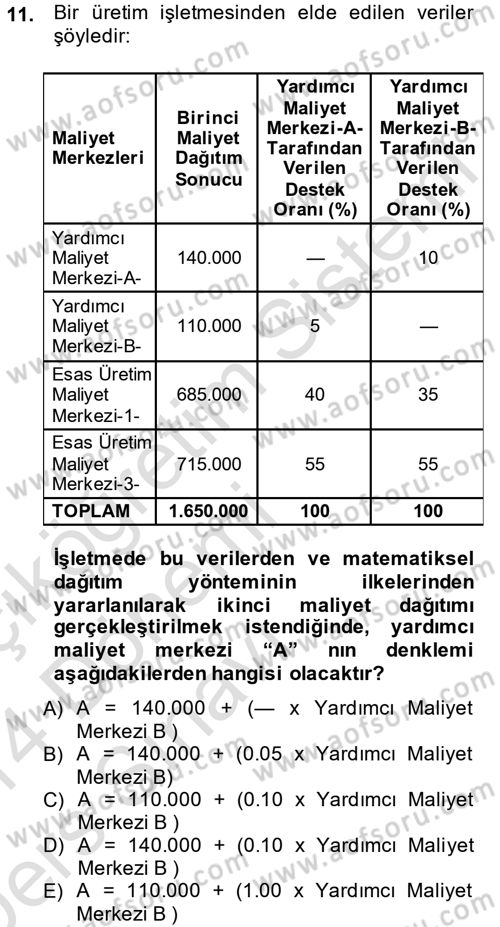 Maliyet Analizleri Dersi 2013 - 2014 Yılı Tek Ders Sınav Soruları 11. Soru