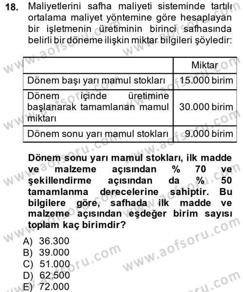 Maliyet Analizleri Dersi 2013 - 2014 Yılı Tek Ders Sınav Soruları 18. Soru
