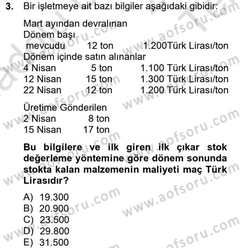 Maliyet Analizleri Dersi 2013 - 2014 Yılı Tek Ders Sınav Soruları 3. Soru