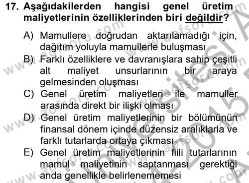 Maliyet Analizleri Dersi 2014 - 2015 Yılı (Vize) Ara Sınavı 17. Soru