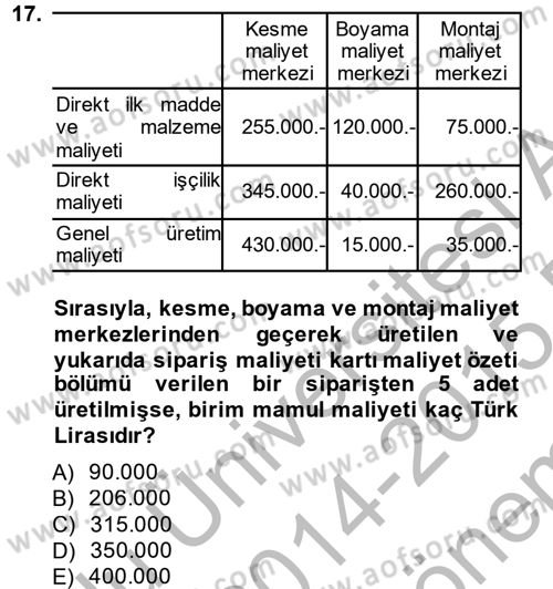 Maliyet Analizleri Dersi 2014 - 2015 Yılı (Final) Dönem Sonu Sınav Soruları 17. Soru