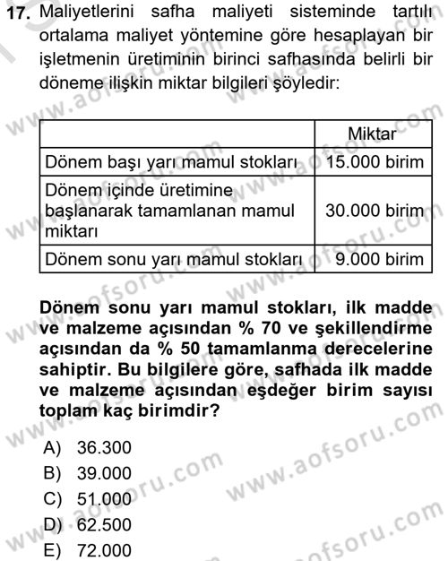 Maliyet Analizleri Dersi 2015 - 2016 Yılı (Final) Dönem Sonu Sınav Soruları 17. Soru
