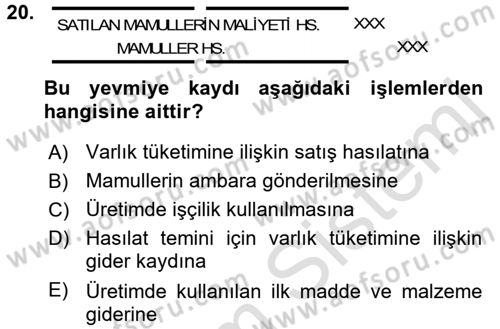 Maliyet Analizleri Dersi 2015 - 2016 Yılı (Final) Dönem Sonu Sınav Soruları 20. Soru