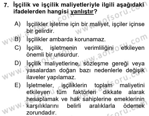 Maliyet Analizleri Dersi 2015 - 2016 Yılı (Final) Dönem Sonu Sınav Soruları 7. Soru
