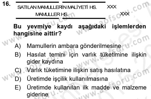 Maliyet Analizleri Dersi 2015 - 2016 Yılı Tek Ders Sınav Soruları 16. Soru